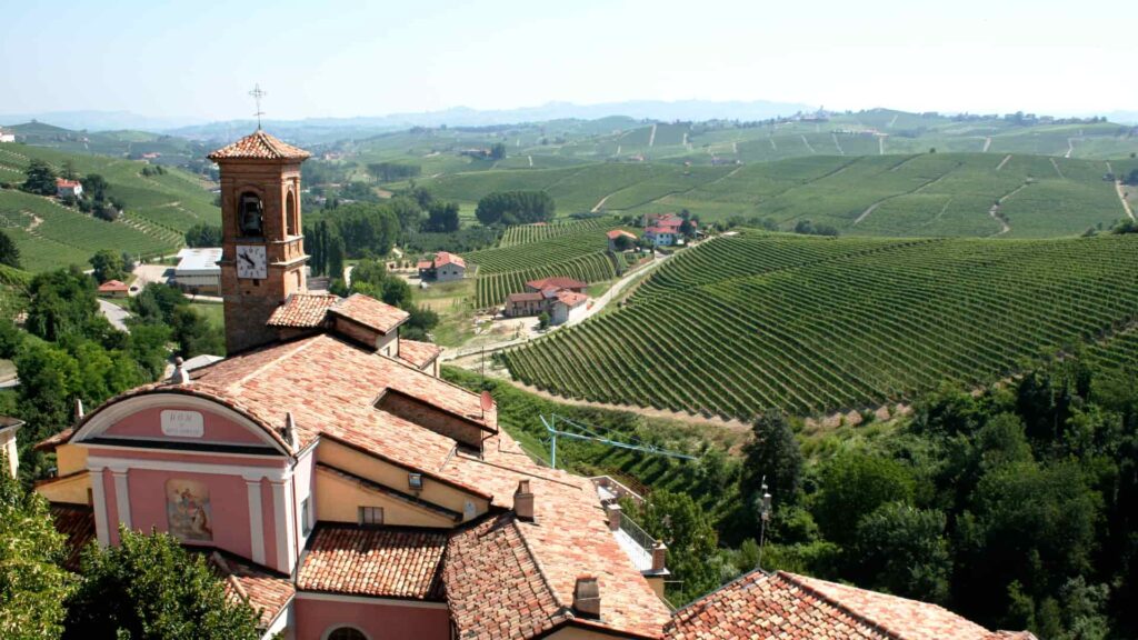 A church tower and the rolling vineyards. Piemonte is all about beauty.